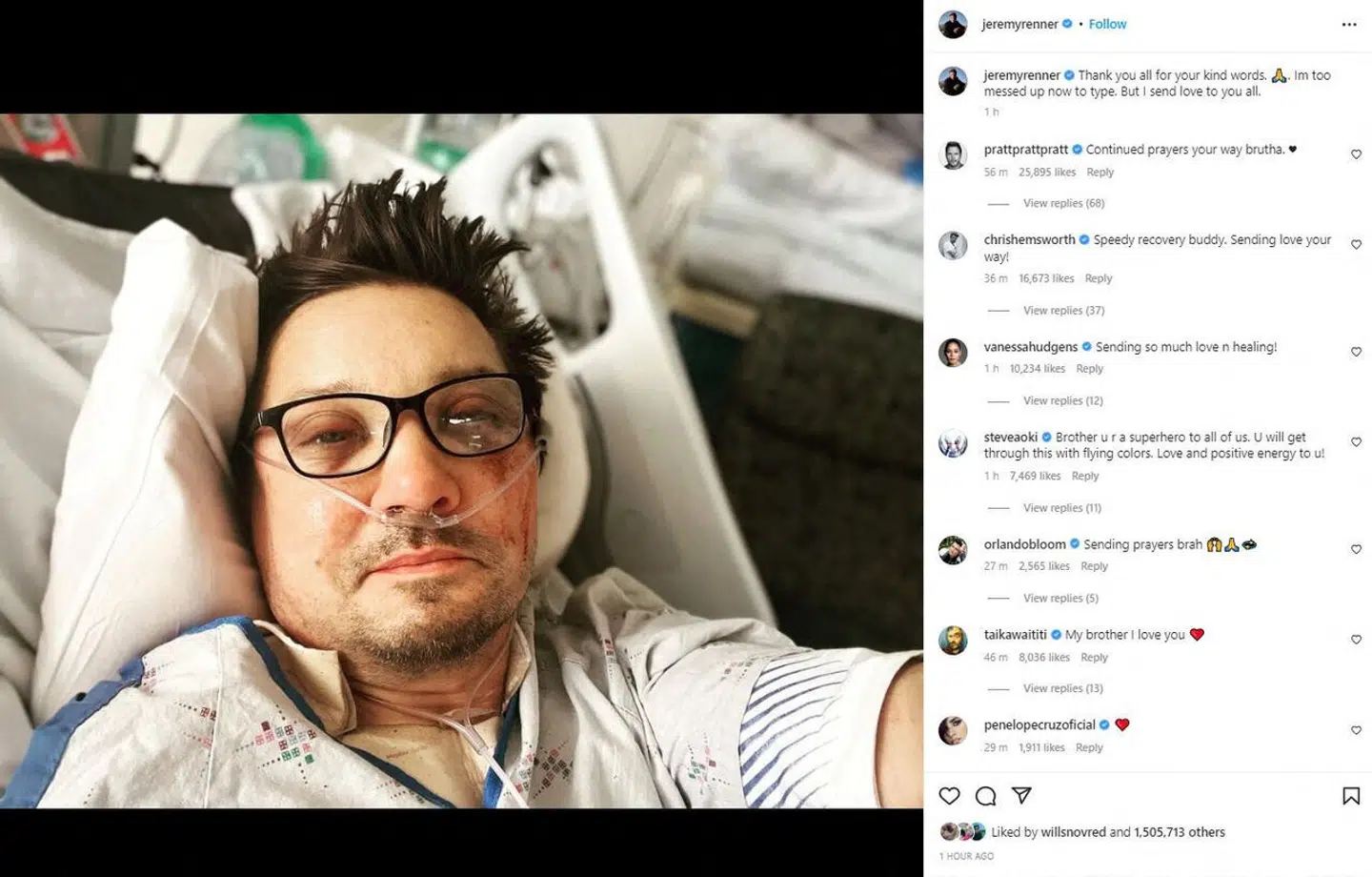 Jeremy Renner delte dette billede på sine sociale medier den 3. januar, hvor han takkede for støtten.