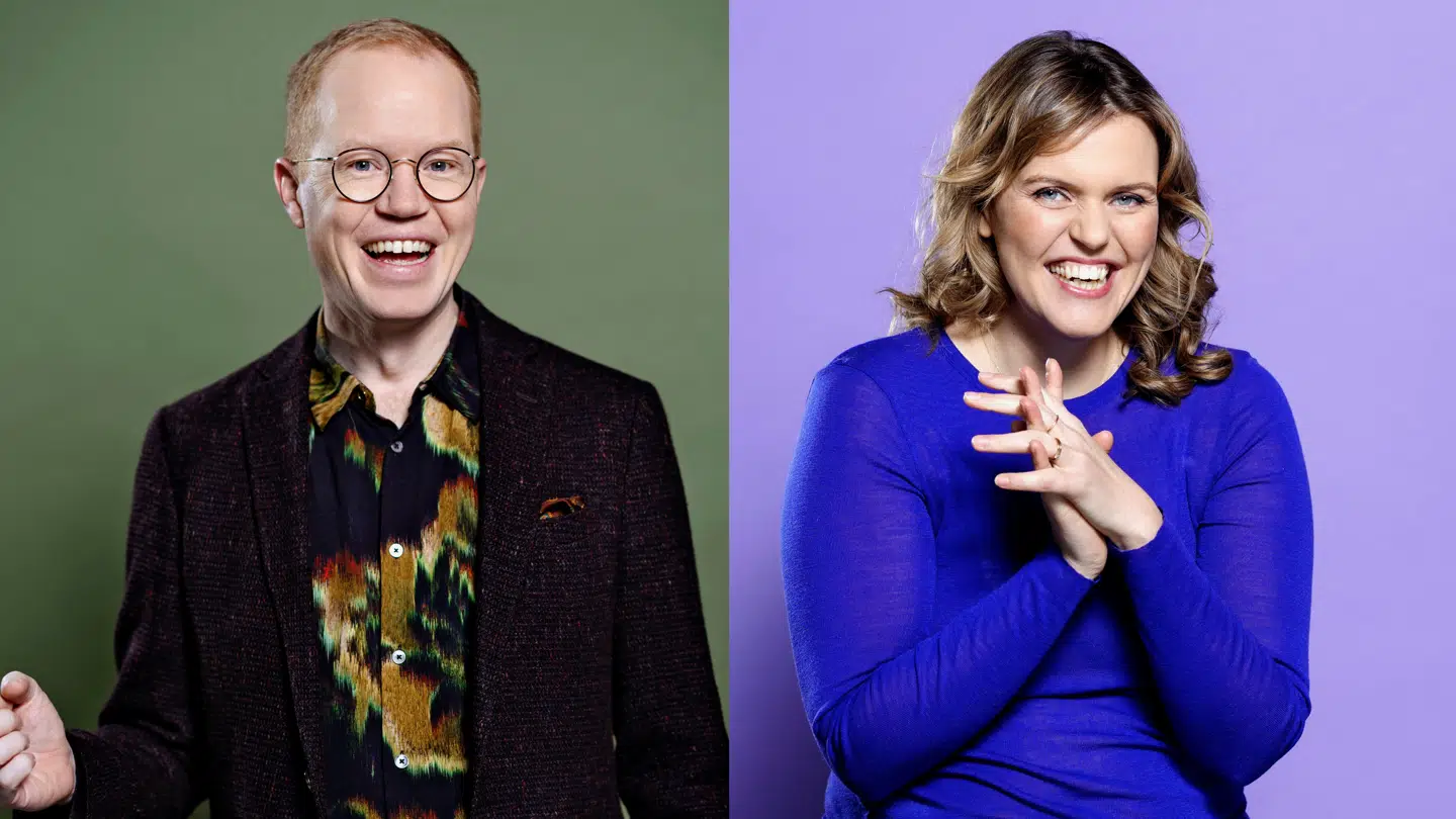 DR-værterne Mathias Hammer og Katrine Muff er værter for pressemødet.