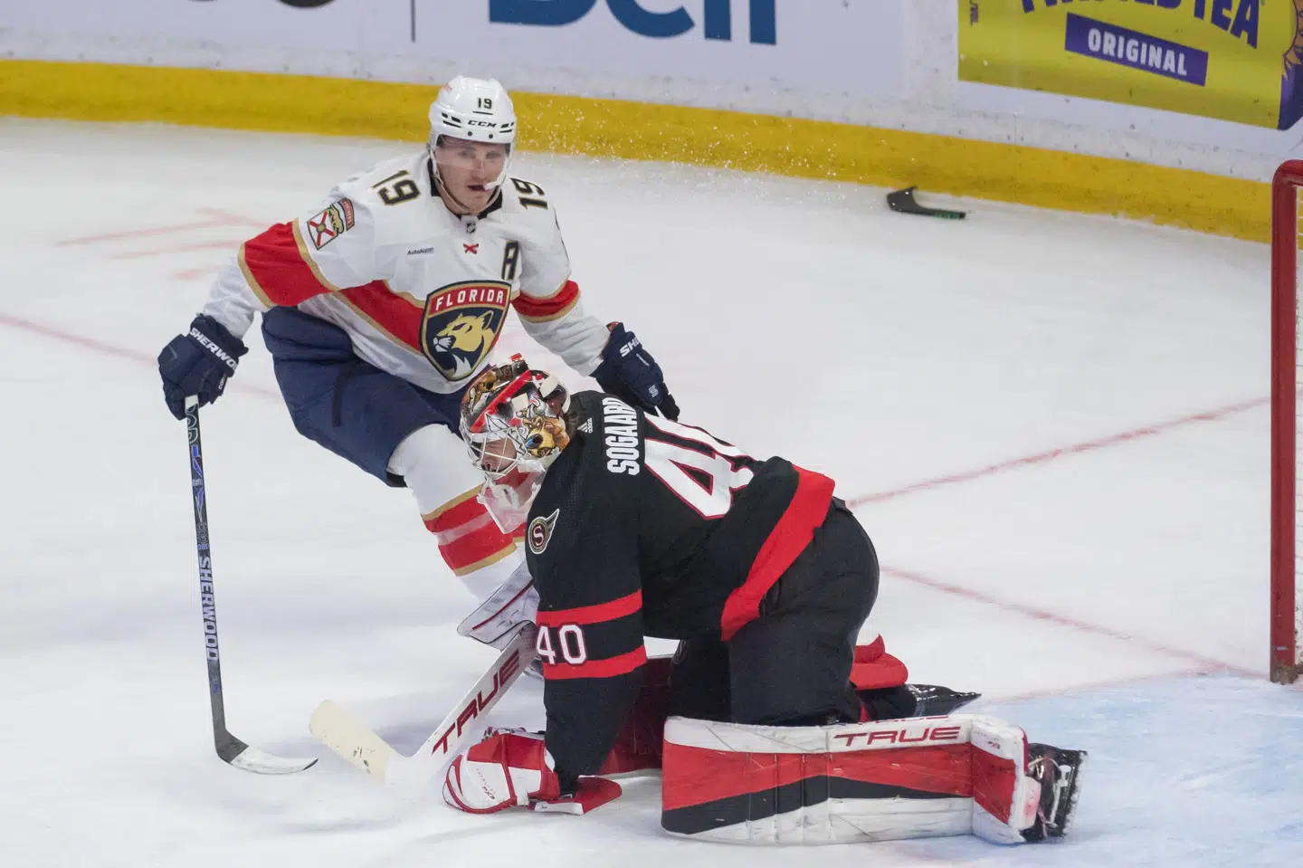 Mads Søgaard ses her i målet for Ottawa Senators natten til tirsdag dansk tid i sejr mod Florida Panthers. Marc Desrosiers/Ritzau Scanpix