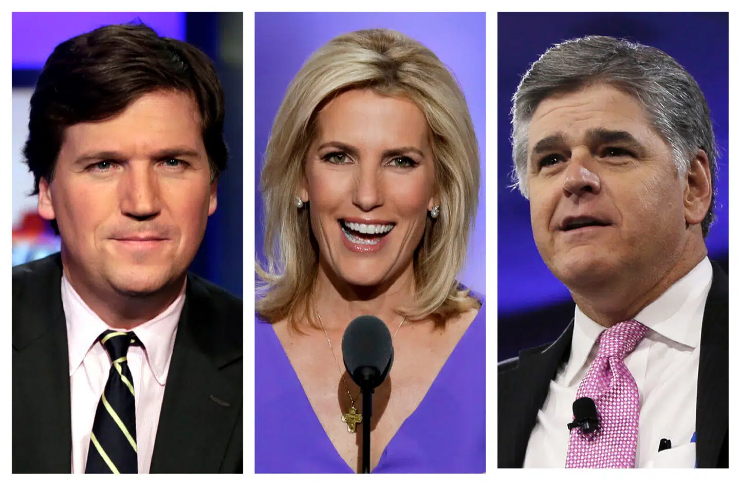 Tucker Carlson (tv.) Laura Ingraham og Sean Hannity (th.).