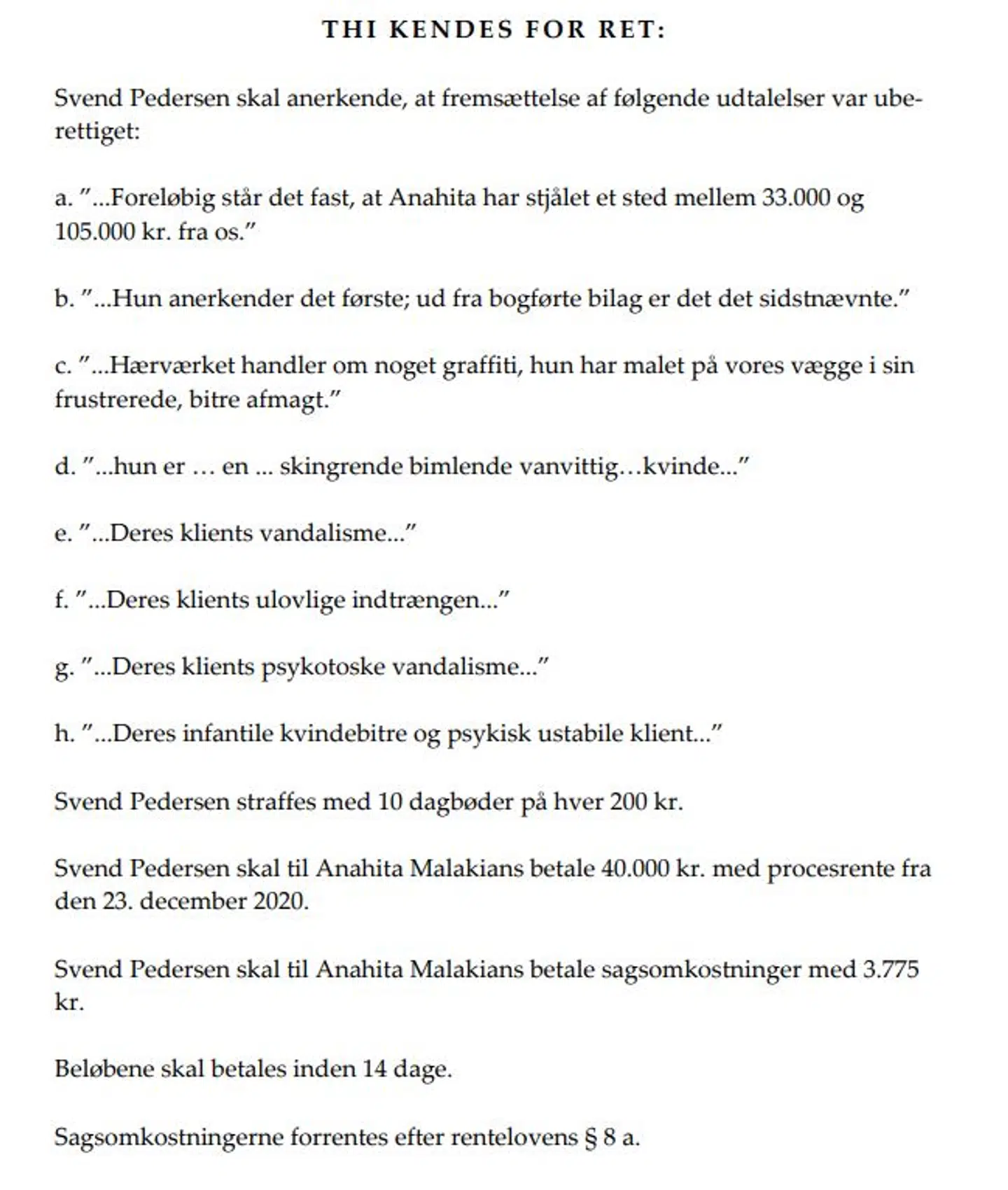 Dommen fra retten på Frederiksberg viser, at Svend Pedersens groft nedsættende kommentarer og udtalelser om tyveri og hærværk var uberettigede. Derfor skulle han betale erstatning til Anahita Malakians.