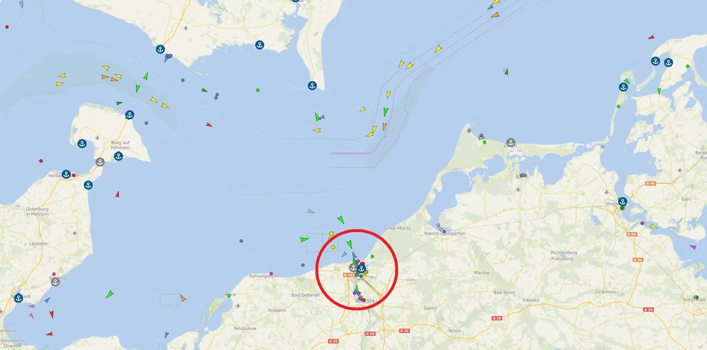 Rostock. Skærmbillede fra vesselfinder.com (taget 8. marts 2023).