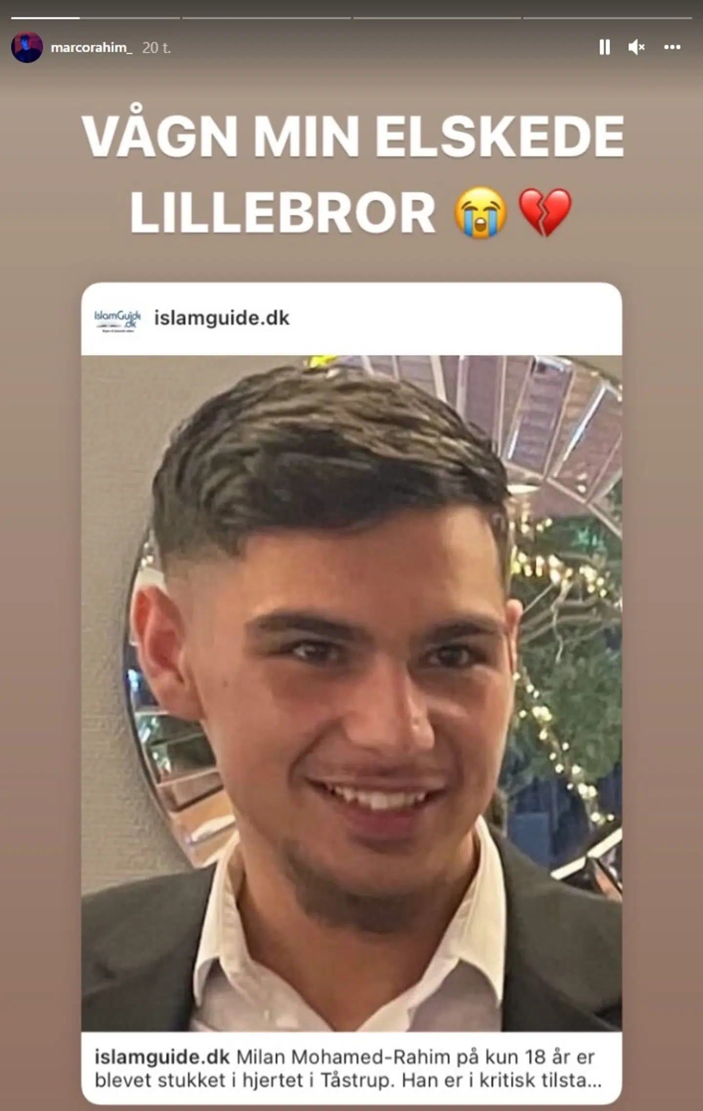 Marco Rahim har delt dette billede på Instagram af sin lillebror Milan Rahim, der efter to dage i kritisk tilstand på hospitalet afgik ved døden. Milan Rahim blev stukket med kniv i Taastrup.