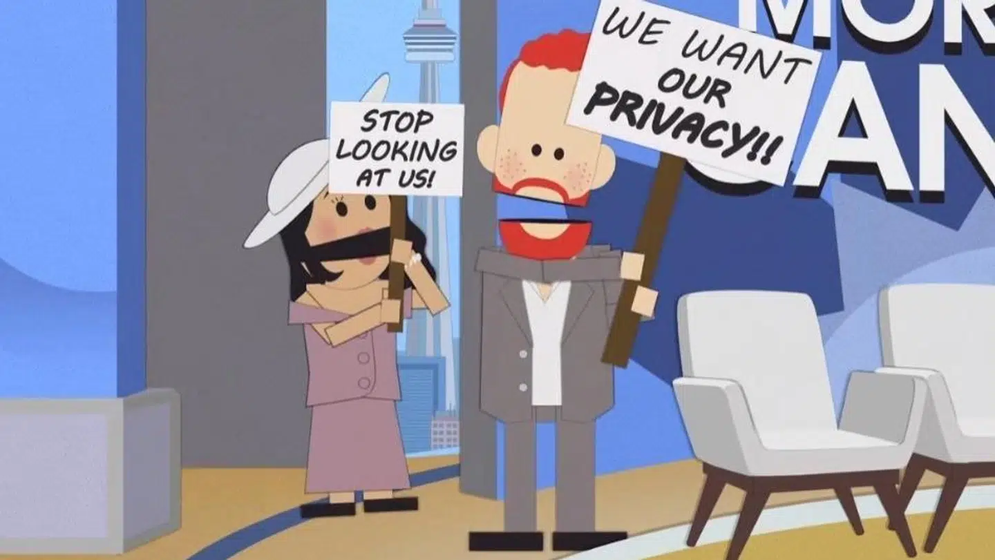 Det royale ægtepar i 'South Park'-episoden, som altså ikke får juridiske konsekvenser fra prins Harry og hertuginde Meghan. Foto: Comedy Central.