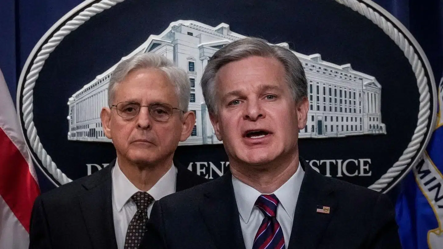 Justitsminister Merrick Garland og FBI-chefen Christopher Wray til et møde om transnational sikkerhed for et par dage siden. (Foto: Scanpix)