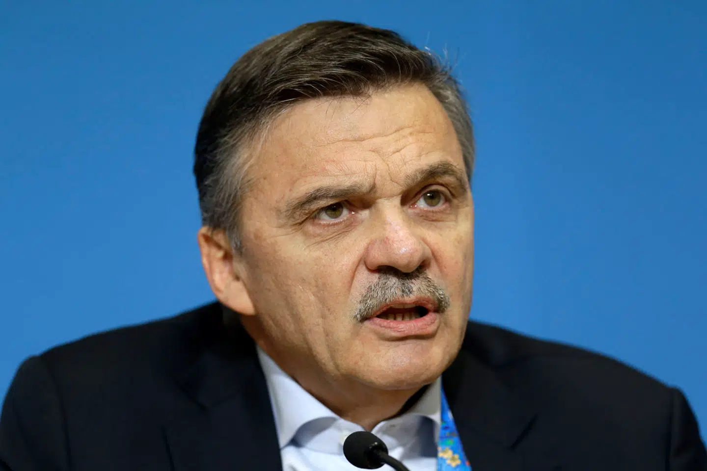 FILE - This Feb. 18, 2014 file photo shows International Ice Hockey Federation President Rene Fasel as he answers a question during a news conference in Sochi, Russia. The International Ice Hockey Federation has referred the Russian Hockey Federation and its former president, Rene Fasel, to an independent ethics board over issues related to the war in Ukraine. The IIHF cited Russia's instructions to the KHL to support the war and Fasel's involvement with the country and his comments about the invasion. Fasel served as IIHF president from 1994-2021. He has since taken a job as an adviser to the KHL to further his longstanding connection to Russia. (AP Photo/Mark Humphrey)