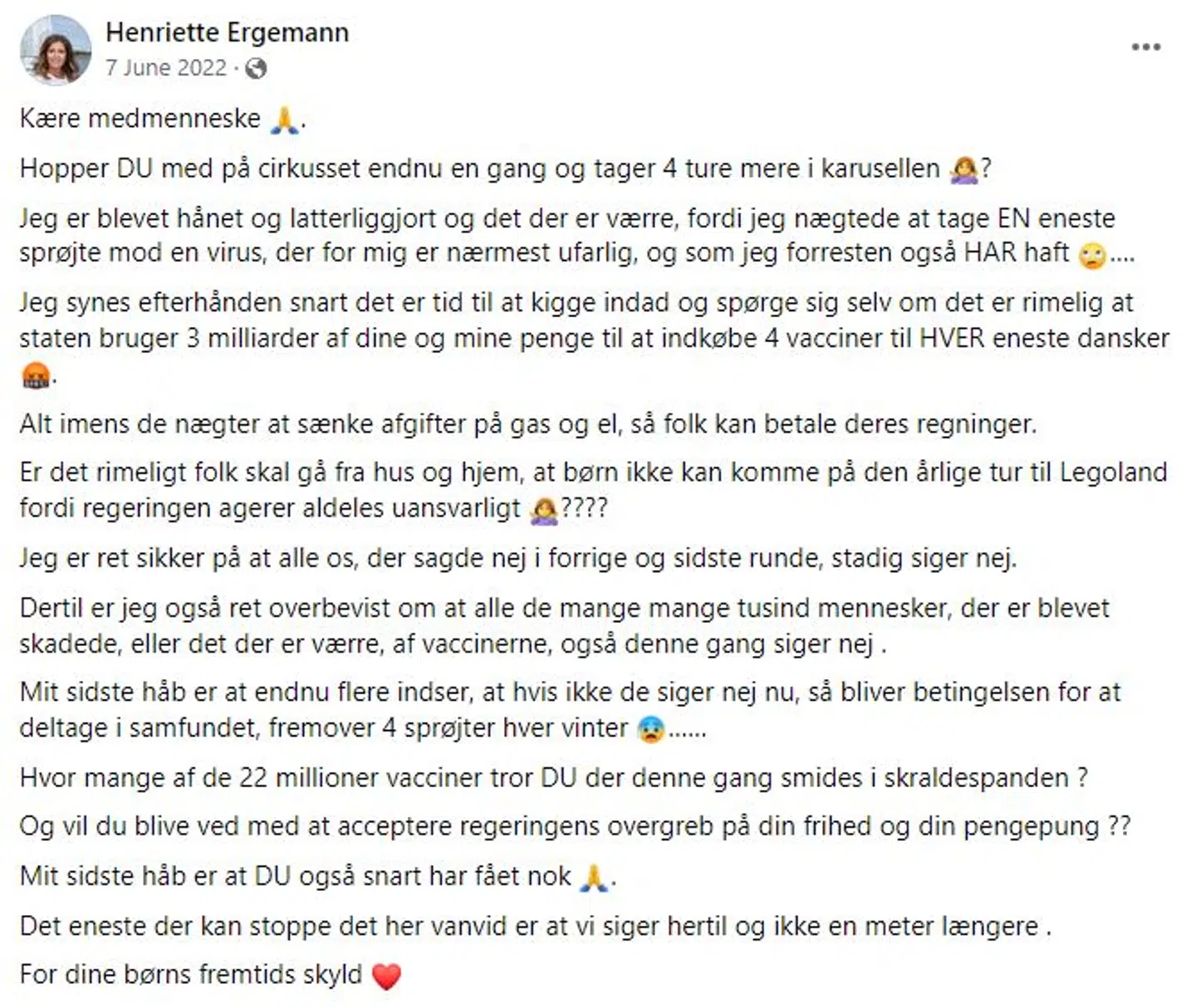 Vaccinerne har skadet 'mange tusinde', siger Ergemann i dette opslag. Det er forkert, siger eksperter.