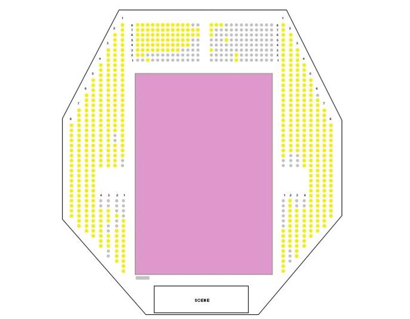 Her kan de ledige pladser i Nykøbing F. Hallen ses – de gule er frie, mens der i det lyserøde også er ståpladser tilgængelige. Foto: Billetlugen