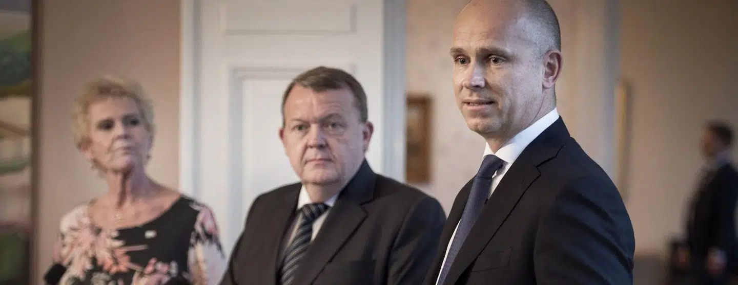 Arkivfoto. Gregers Wedell-Wedellsborg (t.h.) med Lars Løkke Rasmussen og Lizette Risgaard under doorstep efter det afsluttende møde i Disruptionrådet på Marienborg, torsdag den 7. februar 2019.