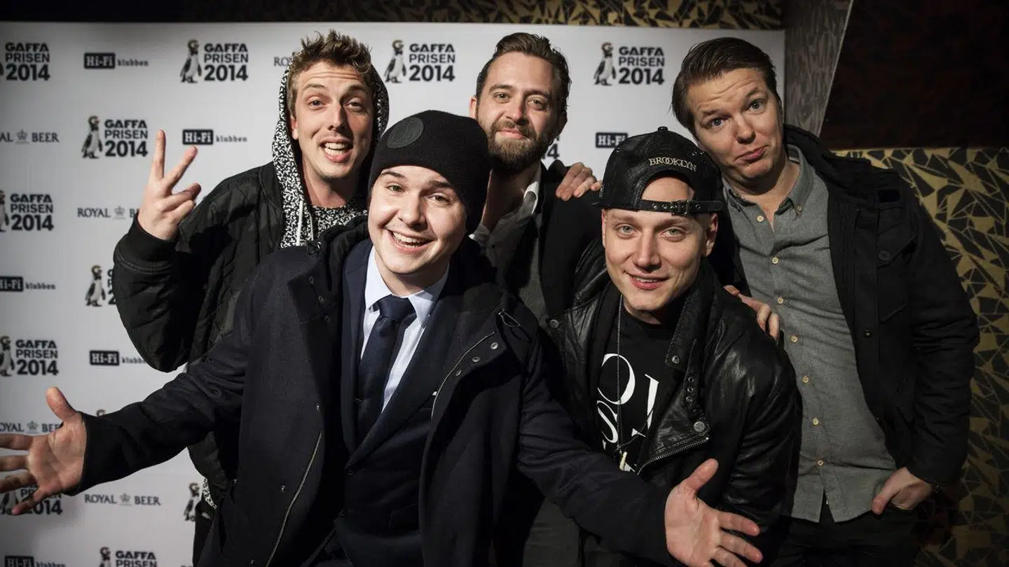 Morten Ristorp længst til venstre sammen med Lukas Graham til Gaffa Prisen i 2014.
