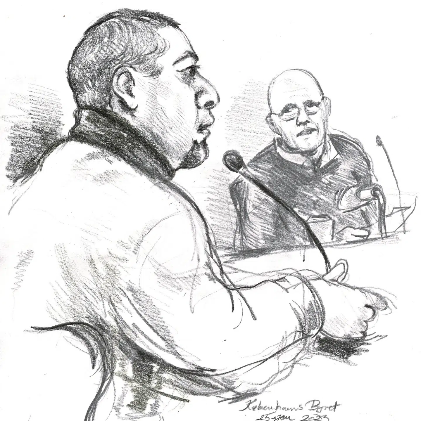 Mohammad Salah Iskandarani har i store træk tilstået både røveri, overgreb og flugt fra Nørre Snede Fængsel. Tegning: Anne Gyrite Schütt