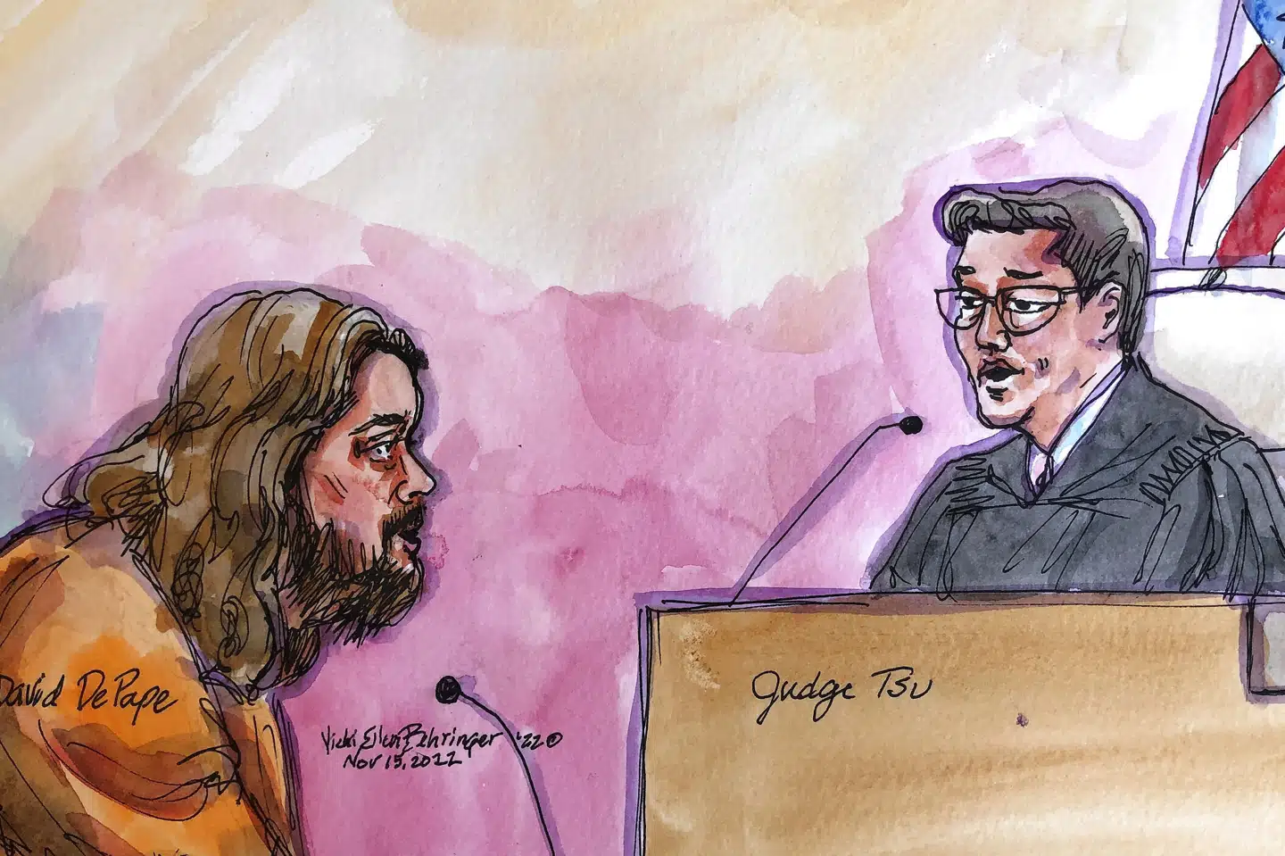 David DePape har nægtet sig skyldig i overfaldet på Nancy Pelosis mand. Tegningen er fra, da den 42-årige var i en føderal retssal i midten af november. Vicki Behringer/Reuters