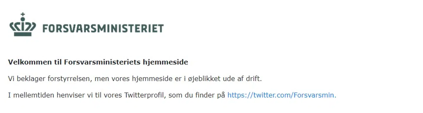 Sådan har Forsvarsministeriets hjemmeside set ud torsdag.