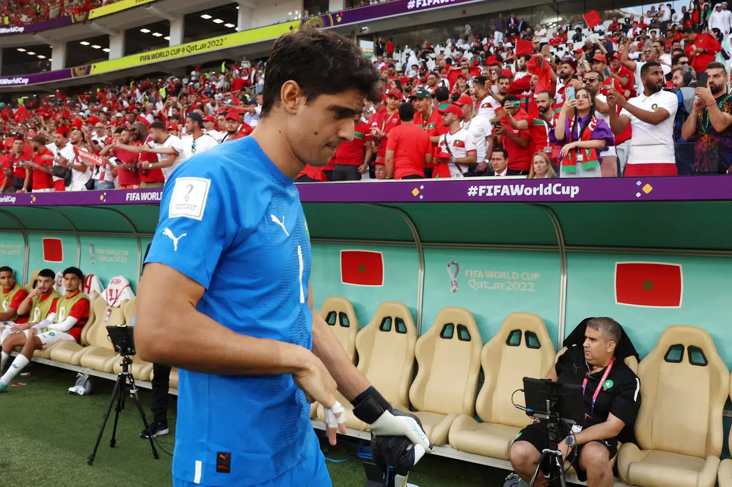 Yassine Bounou skulle have spillet kampen mod Belgien, men fik det dårligt op til kickoff. Matthew Childs/Reuters