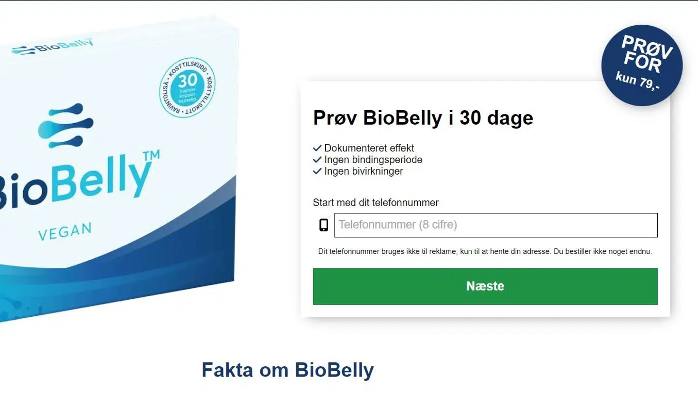 Screenshot af Norwegian Labs hjemmeside for produktet BioBelly. Foto: Screenshot