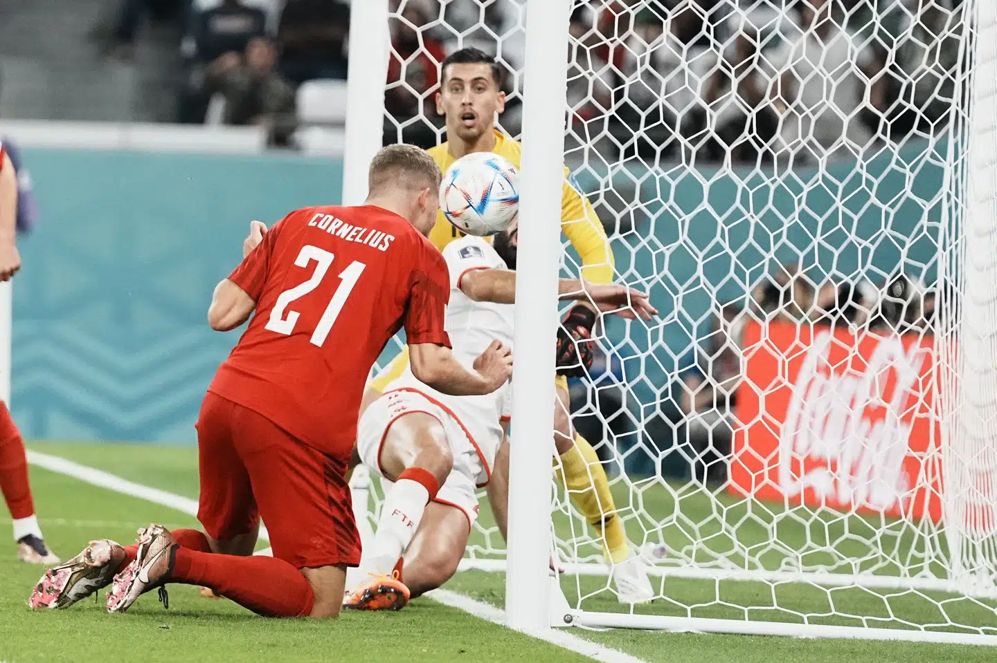 Andreas Cornelius havde Danmarks største mulighed mod Tunesien. Mads Claus Rasmussen/Ritzau Scanpix