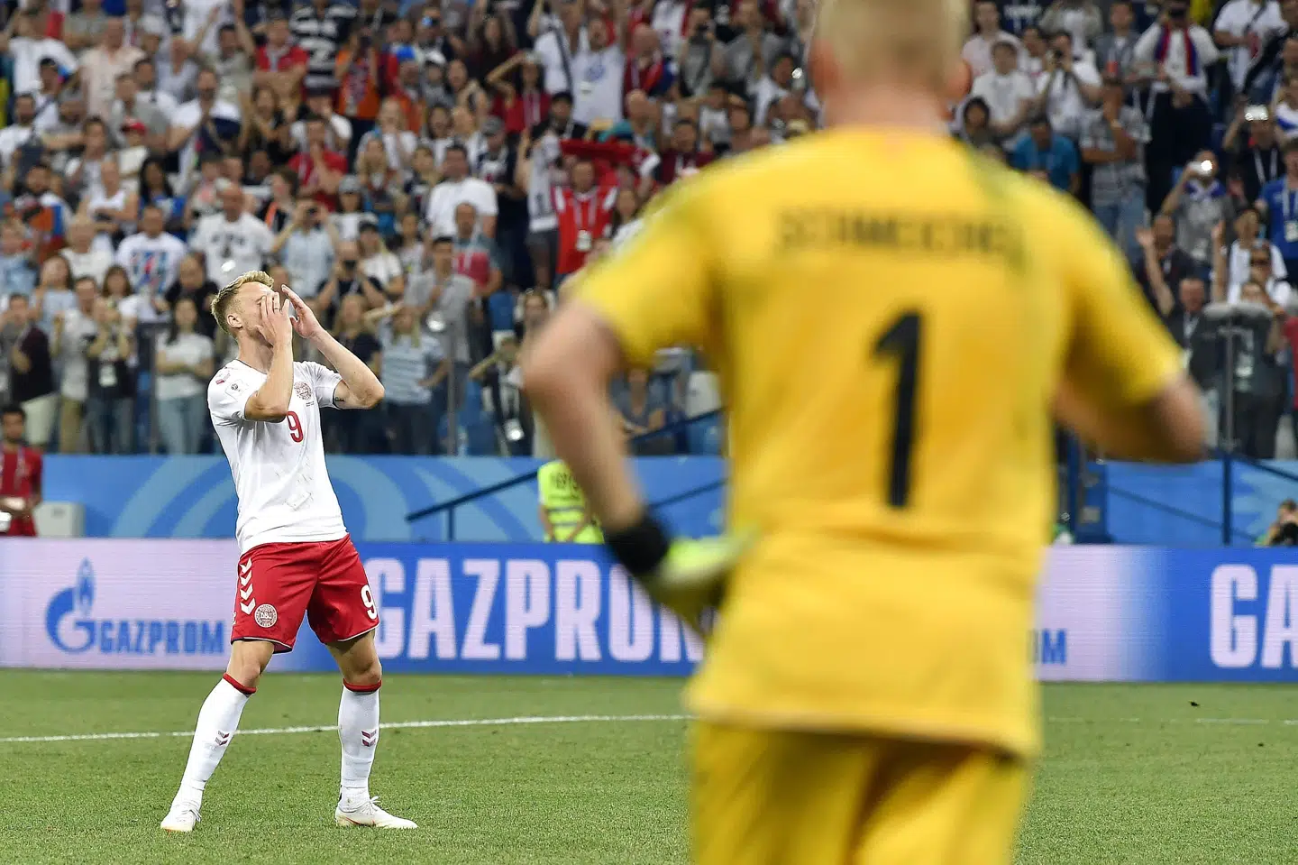 Nicolai Jørgensen var en af tre danske spillere, der misbrugte et forsøg i straffesparkskonkurrencen mod Kroatien ved VM i 2018. Martin Meissner/Ritzau Scanpix
