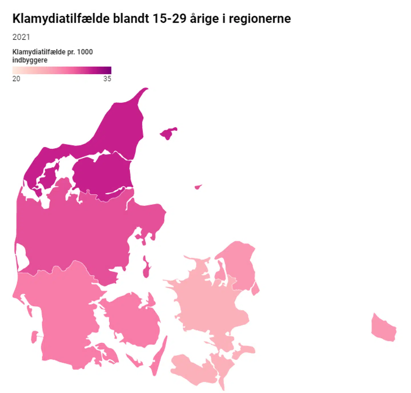 Kortet viser, hvor mange smittede, der findes blandt 1000 indbyggere i de danske regioner. Grafik Sex og Samfund.