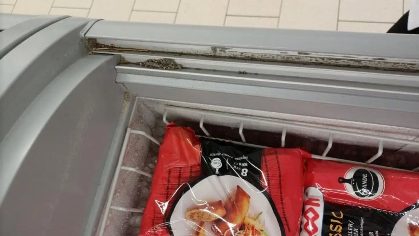 Større støvansamlinger og fødevarerester i inderkanter og hjørner på fryseboks i Aldi i Odense NV. Foto: Fødevarestyrelsen