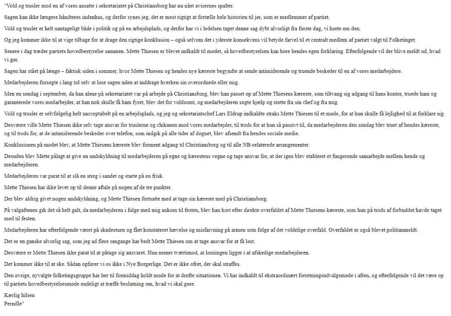 Pernille Vermunds brev til Nye Borgerlige om Thiesen-sagen