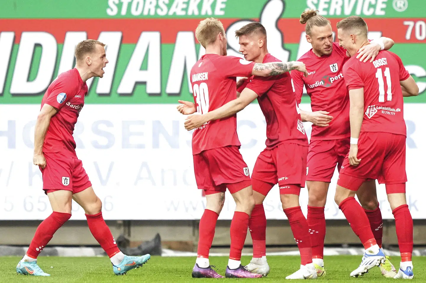 Spillere og stab fra Helsingør gik helt amok, da FC Helsingør til sidst besejrede Næstved. (Arkivfoto). Claus Fisker/Ritzau Scanpix