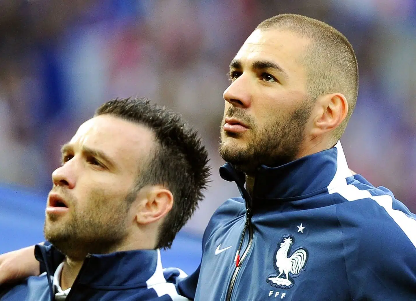Mathieu Valbuena (tv.) og Karim Benzema på det franske landshold i 2014.