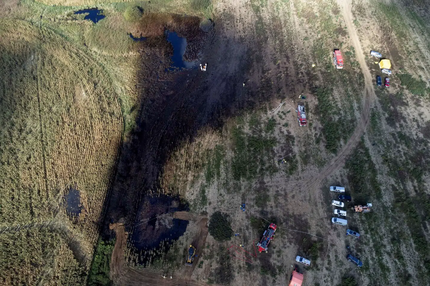 Polske brandfolk arbejder på en mark i det område ved landsbyen Zurawice i Polen, hvor lækagerne på olierørledningen Druzhba blev opdaget tidligere på ugen. Fotoet er fra onsdag. Kacper Pempel/Reuters