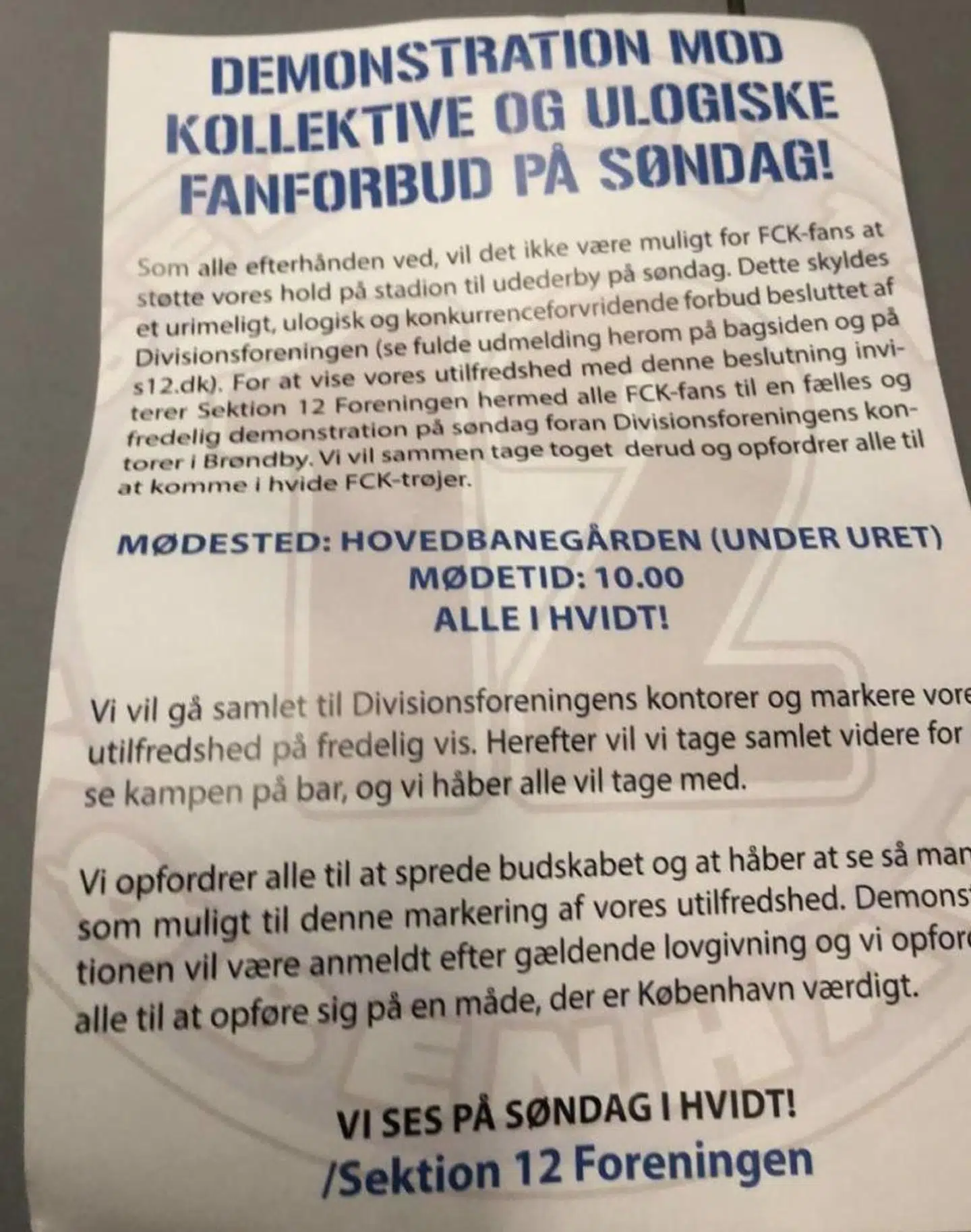 Sådan ser sedlen ud, som opfordrer FCK-fans til at deltage i søndagens demonstration.
