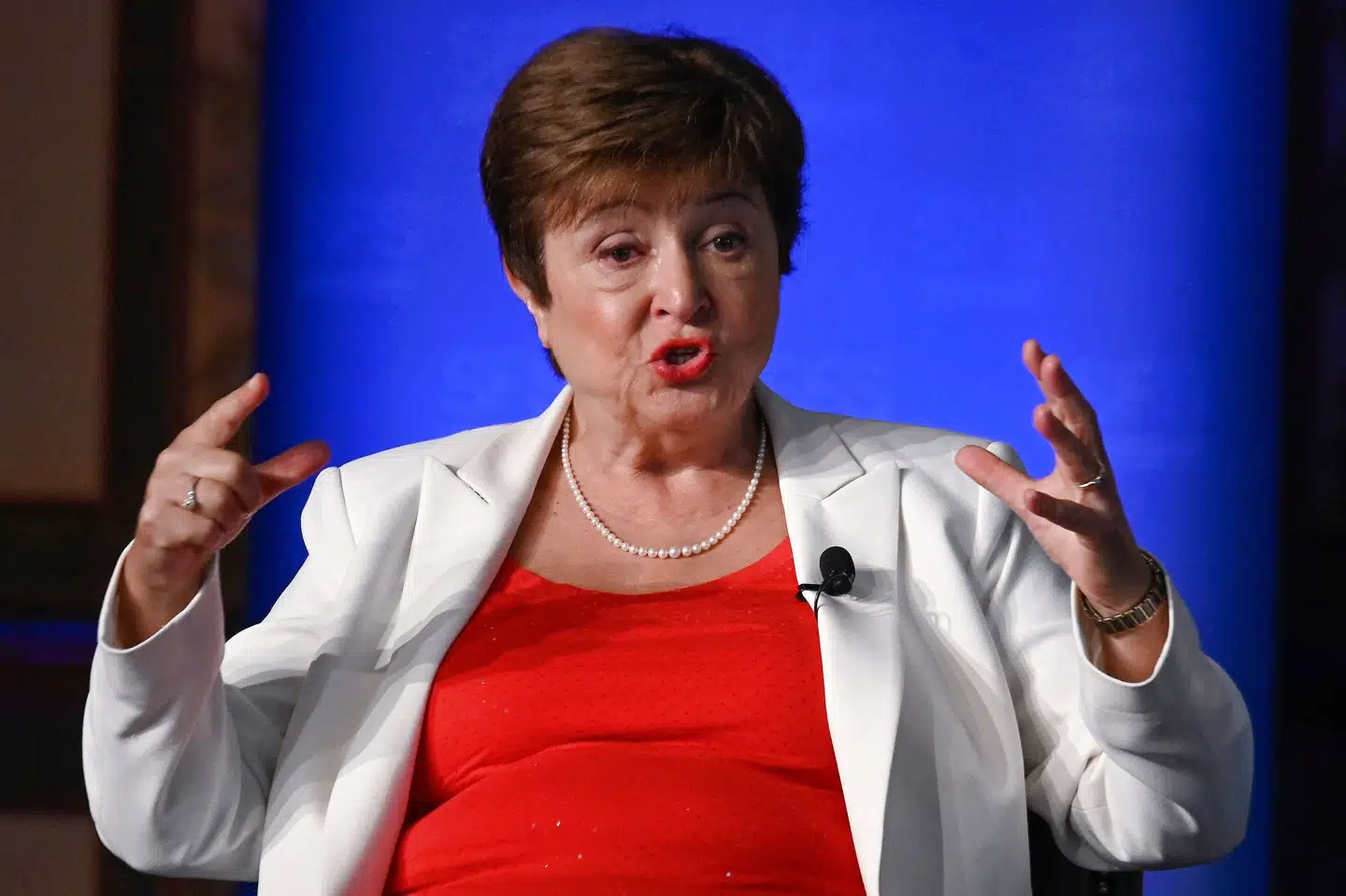 Direktøren for Den Internationale Valutafond, Kristalina Georgieva, appellerer torsdag til verdens politiske ledere og regeringer om at handle sammen på en koordineret måde for at undgå en ny farlig normalitet i den globale økonomi. Olivier Douliery/Ritzau Scanpix