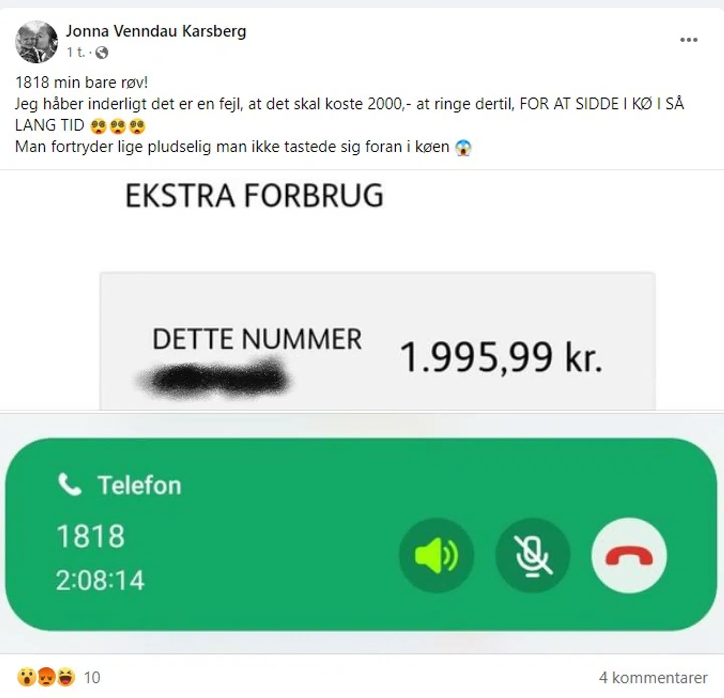 Dokumentation fra Jonna, som sad i kø i over to timer og endte med at få en regning på 2.000 kroner.