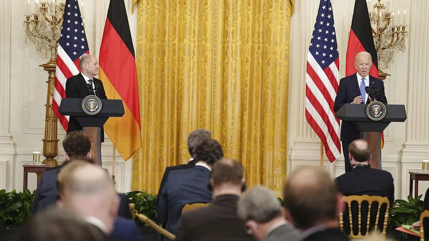 Joe Biden og Olaf Scholz på pressemødet 7. februar.