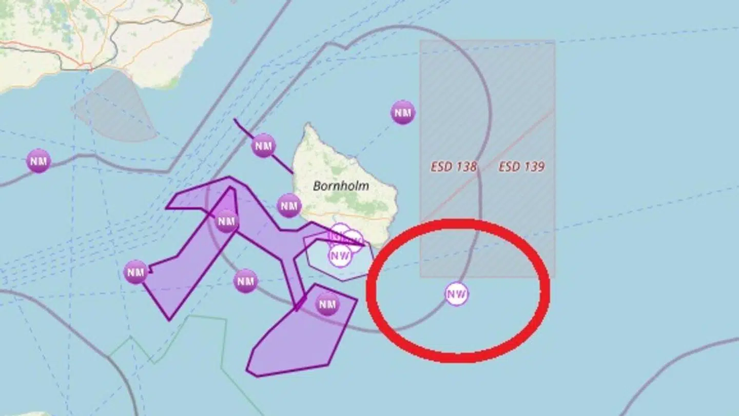 Det er her der er regstreret en læk på Nord Stream 2. Foto: Søfartsstyrelsen