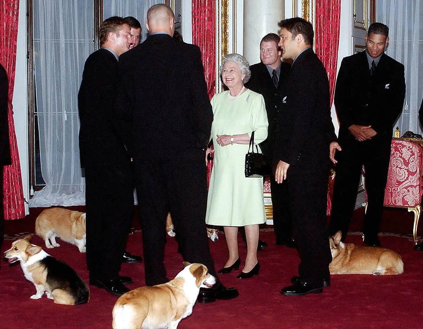 Det vrimlede med corgier, da dronning Elizabeth i 2002 mødte New Zealands rugbylandshold.