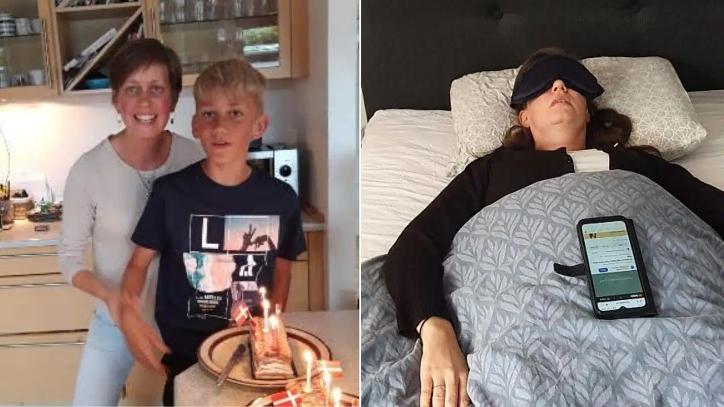 Før og efter-billede af Pia Krabbe Larsson. I dag tager hun syv hvil om dagen, og får hjælp til alt.