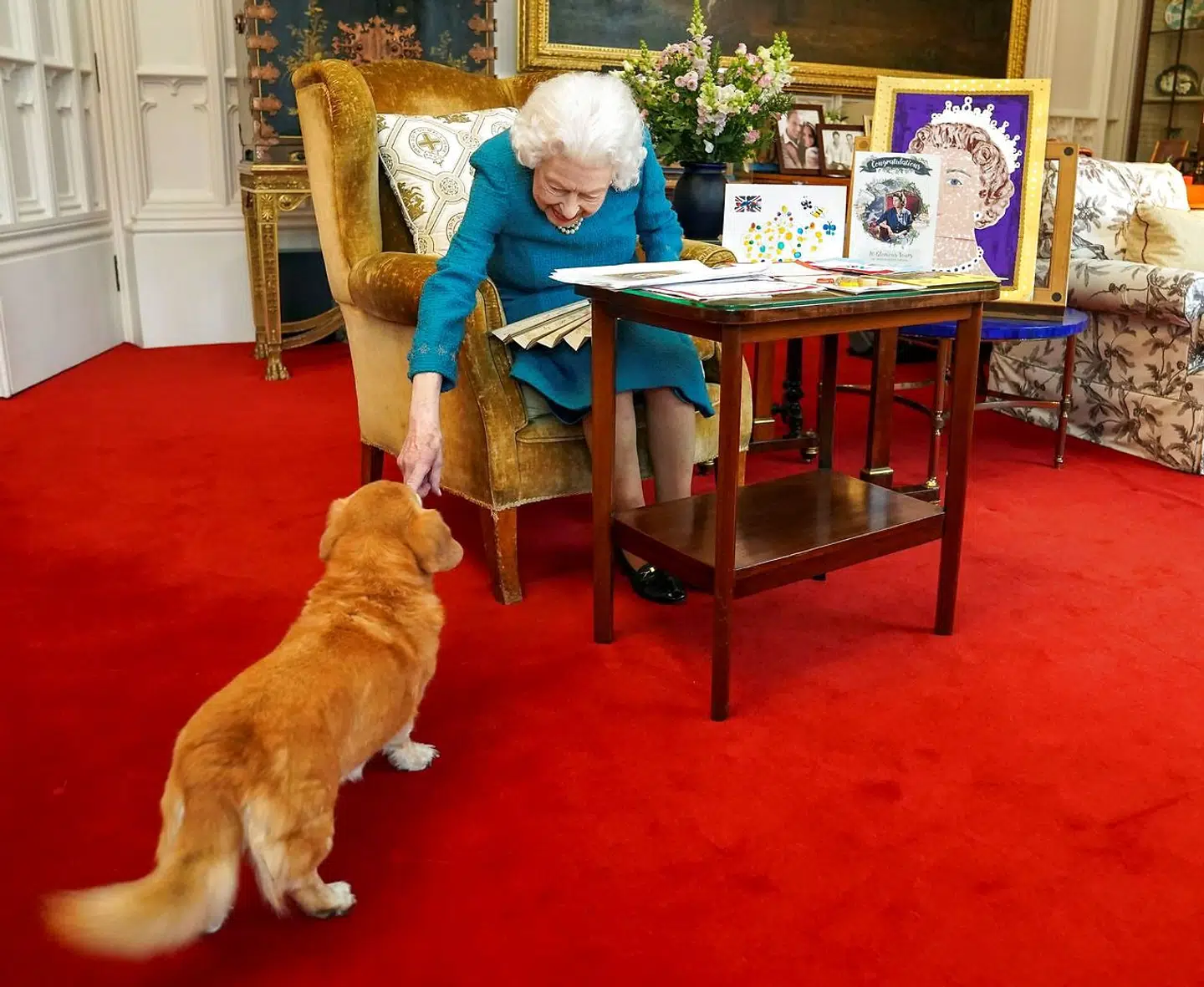 (FILES) In this file picture released in London on February 4, 2022, and taken last month, shows Britain's Queen Elizabeth II stroking Candy, her corgi dog, as she looks at a display of memorabilia from her Golden and Platinum Jubilees, in the Oak Room at Windsor Castle, west of London. - From Susan, received for her 18th birthday, to Fergus and Muick, acquired shortly before the death of her husband Philip, Elizabeth II owned around thirty corgis, small dogs that remain inseparable from her image. Elizabeth II, who died on September 8, 2022 at the age of 96, was a one-colour outfit, a pair of gloves, a black handbag... and a corgi trotting by her side. (Photo by Steve Parsons / POOL / AFP)