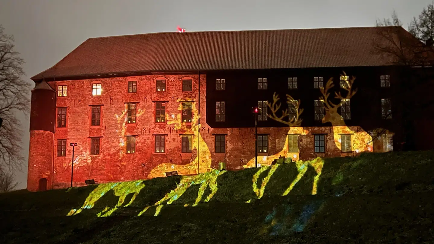 Her er Koldinghus oplyst til Kolding Light Festival i 2021.