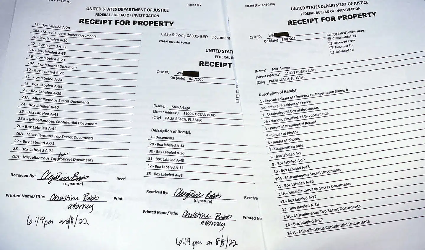 På listen over Trumps beslaglagte ejendomme efter FBIs ransagning af hans Mar-a-Lago- hjem Florida, USA, fremgår det omtalte punkt 1A. Det kan ses på dokumentet øverst til højre.