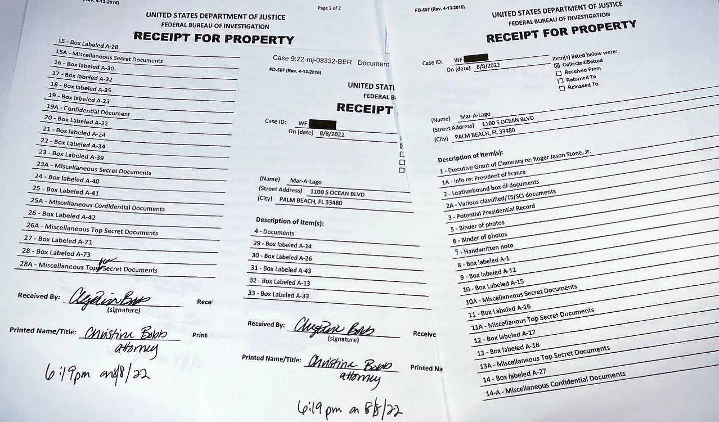 På listen over Trumps beslaglagte ejendomme efter FBIs ransagning af hans Mar-a-Lago- hjem Florida, USA, fremgår det omtalte punkt 1A. Det kan ses på dokumentet øverst til højre.