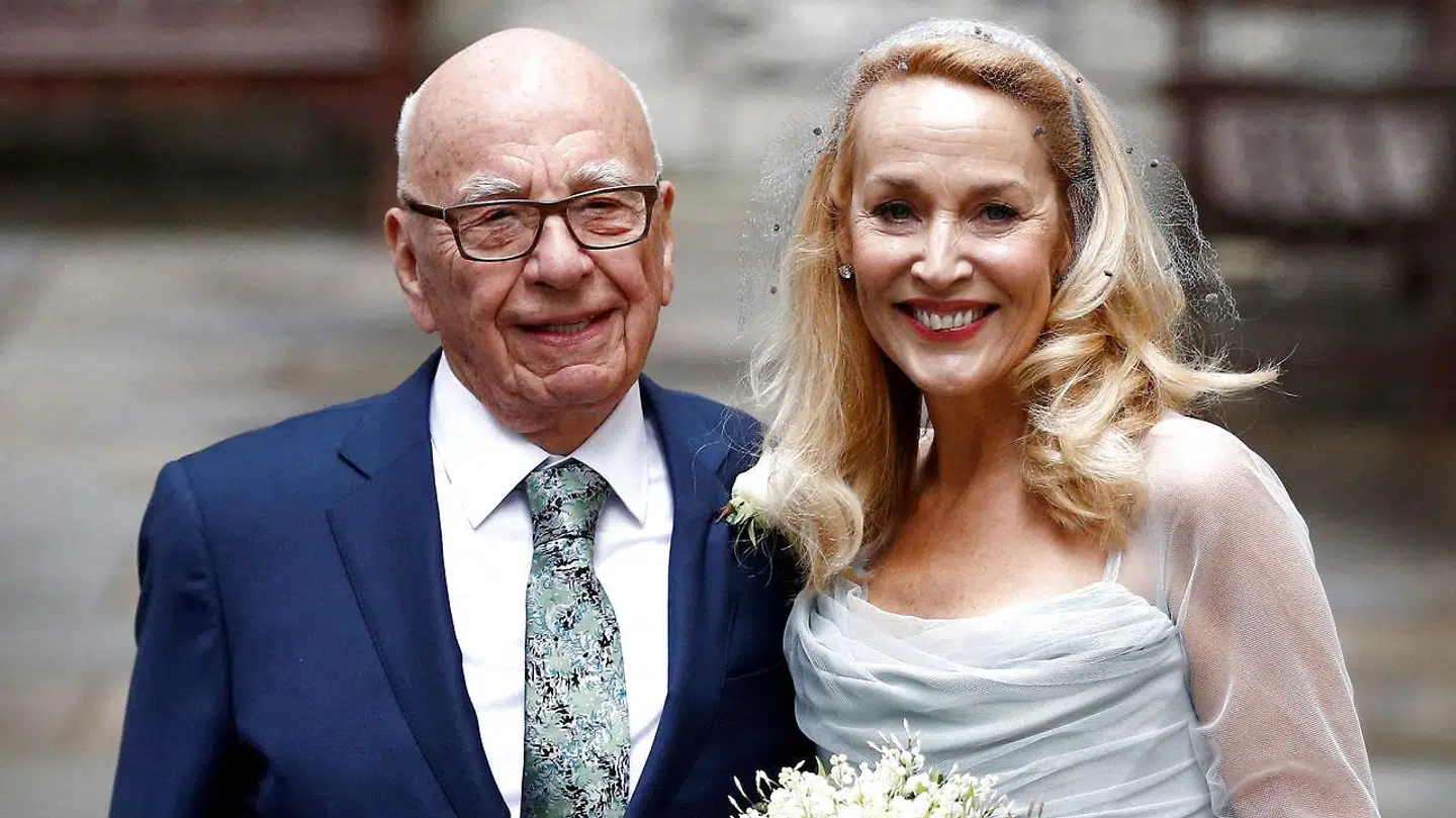 Rupert Murdoch og Jerry Hall fotograferet ved brylluppet i London i 2016.