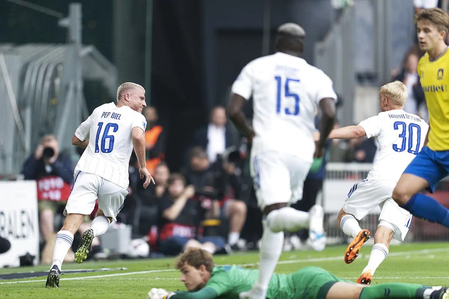 Pep Biel var i hopla og lavede hattrick, da FC København søndag baskede Brøndby IF i Superligaen. Claus Bech/Ritzau Scanpix