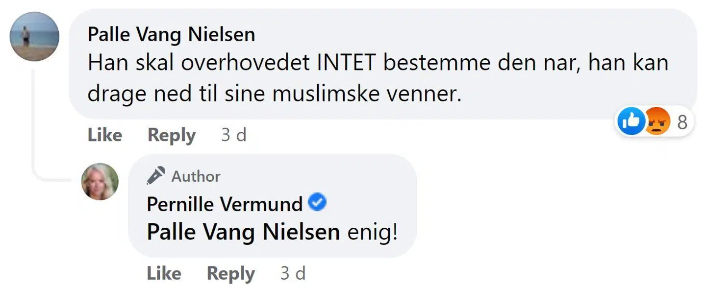 Pernille Vermund giver udtryk for, at hun mener Sikandar Siddique skal »drage ned til sine muslimske venner«