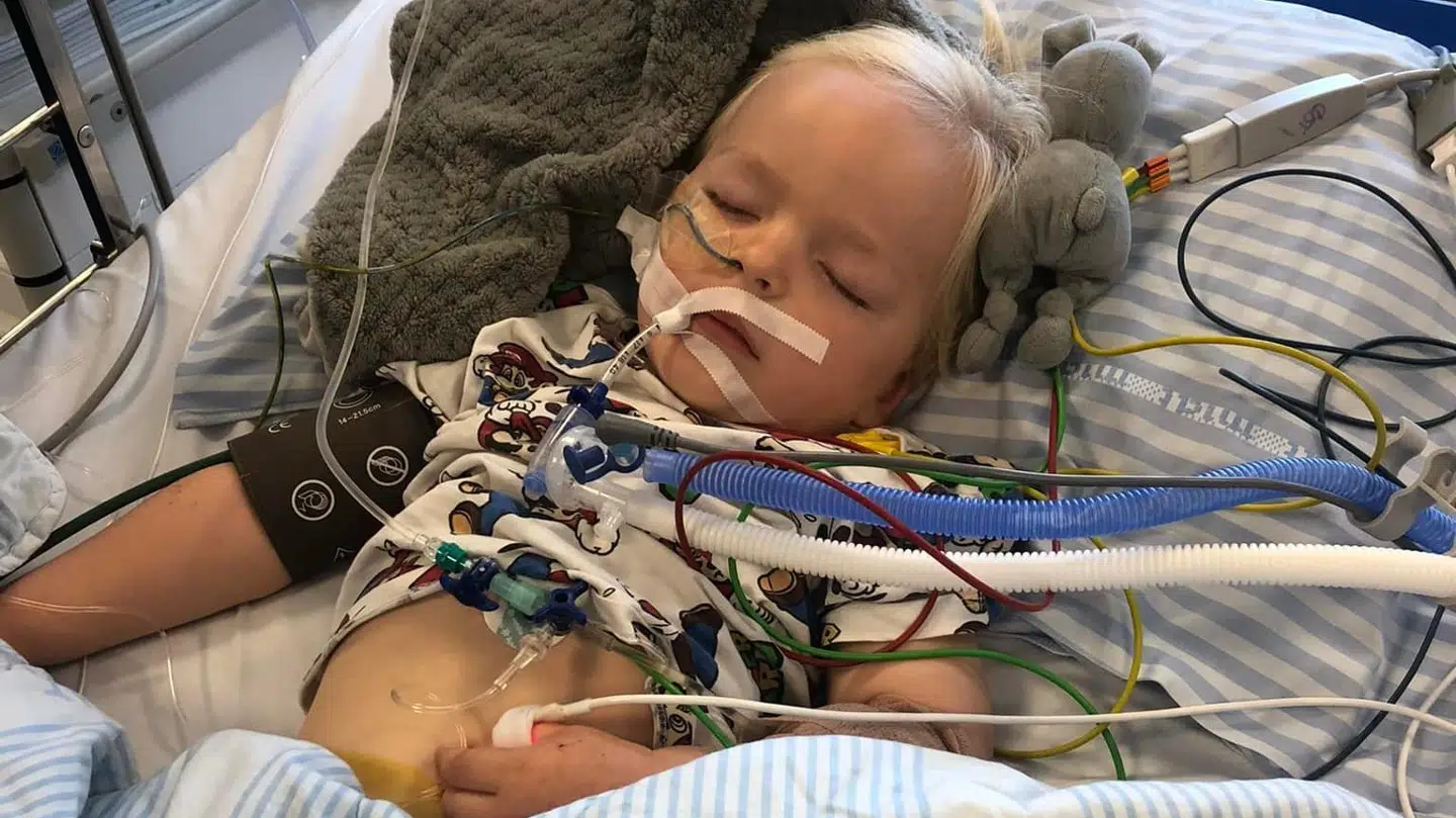 I to uger var treårige Feliks indlagt på hospitaler i både Aalborg og som her Aarhus. Lægerne troede, han ville miste både sprog og førlighed, men nu kalder de den treårige dreng et 'mirakel'. Foto: Privat