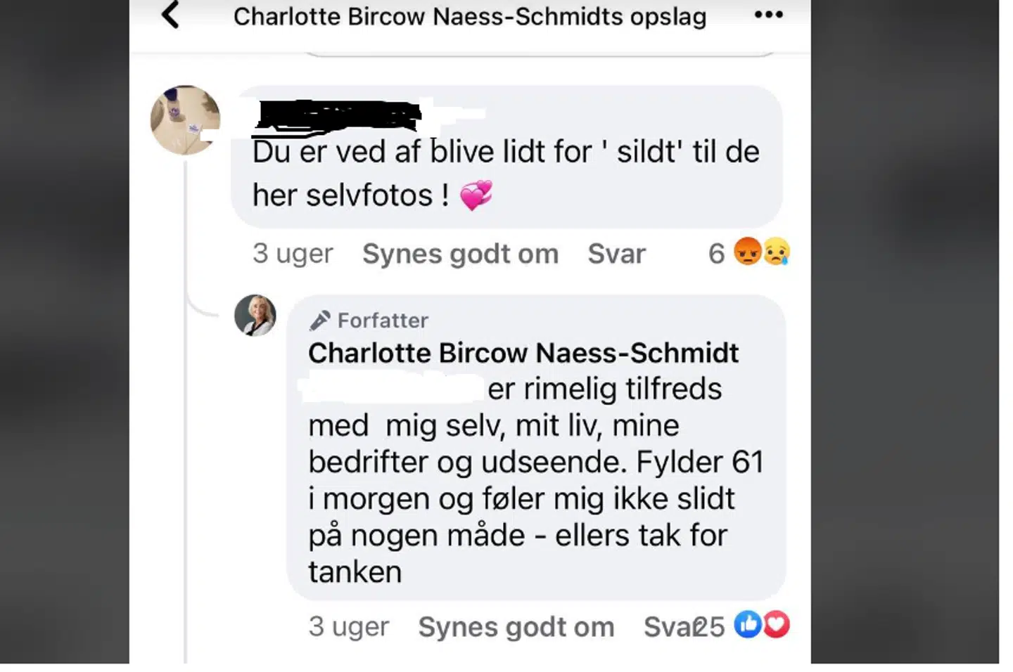 Her er en af de kommentarer, Charlotte Bircow har fået. Privatfoto