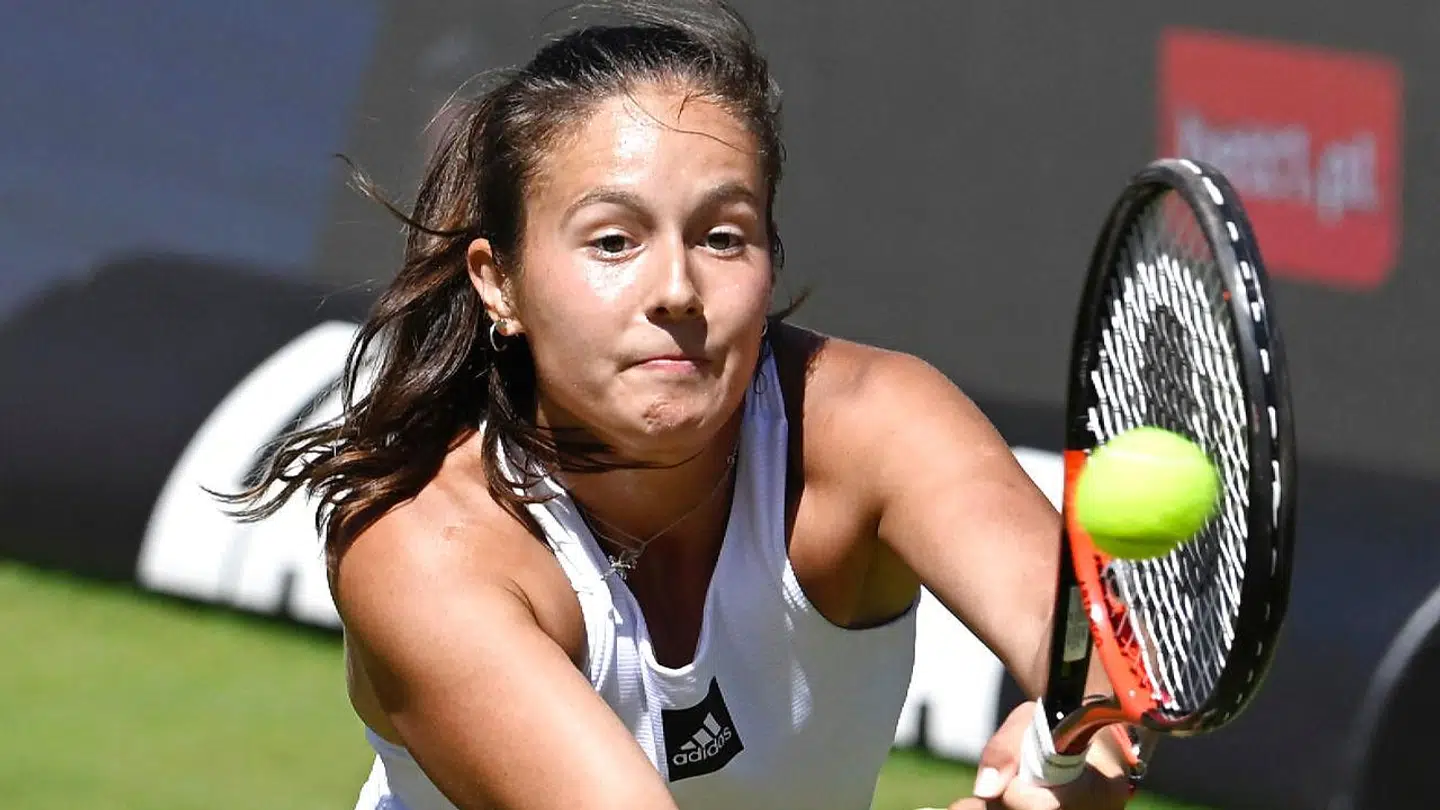 Russia's Daria Kasatkina returns the ball during her match against Greece's Maria Sakkari (unseen) at the quarterfinal of the Women's Bett1 open tennis tournament at the Steffi-Graf stadium in Berlin, on June 17, 2022. (Photo by Tobias SCHWARZ / AFP)