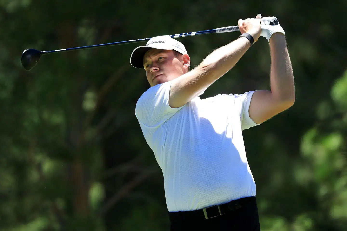 Marcus Helligkilde sætter bolden i gang i Barracuda Championship. Billedet er fra turneringens tredje runde, som blev spillet lørdag lokal tid. Sam Greenwood/Ritzau Scanpix