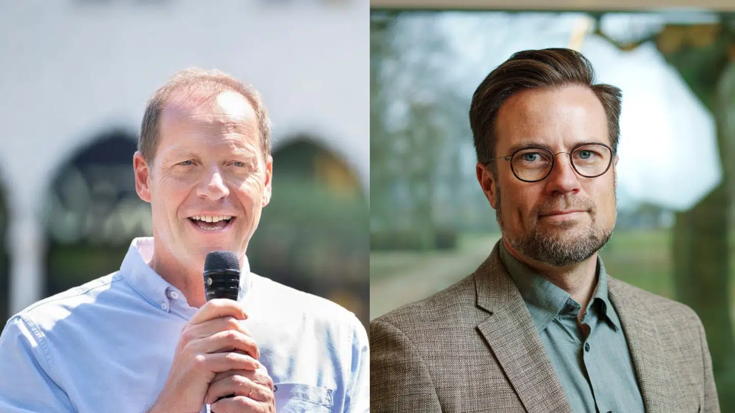 Løbsdirektør Christian Prudhomme (tv.) ville have mål lige efter Storebæltsbroen til stor ærgrelse for Odenses borgmester, Peter Rahbæk Juel (th.).