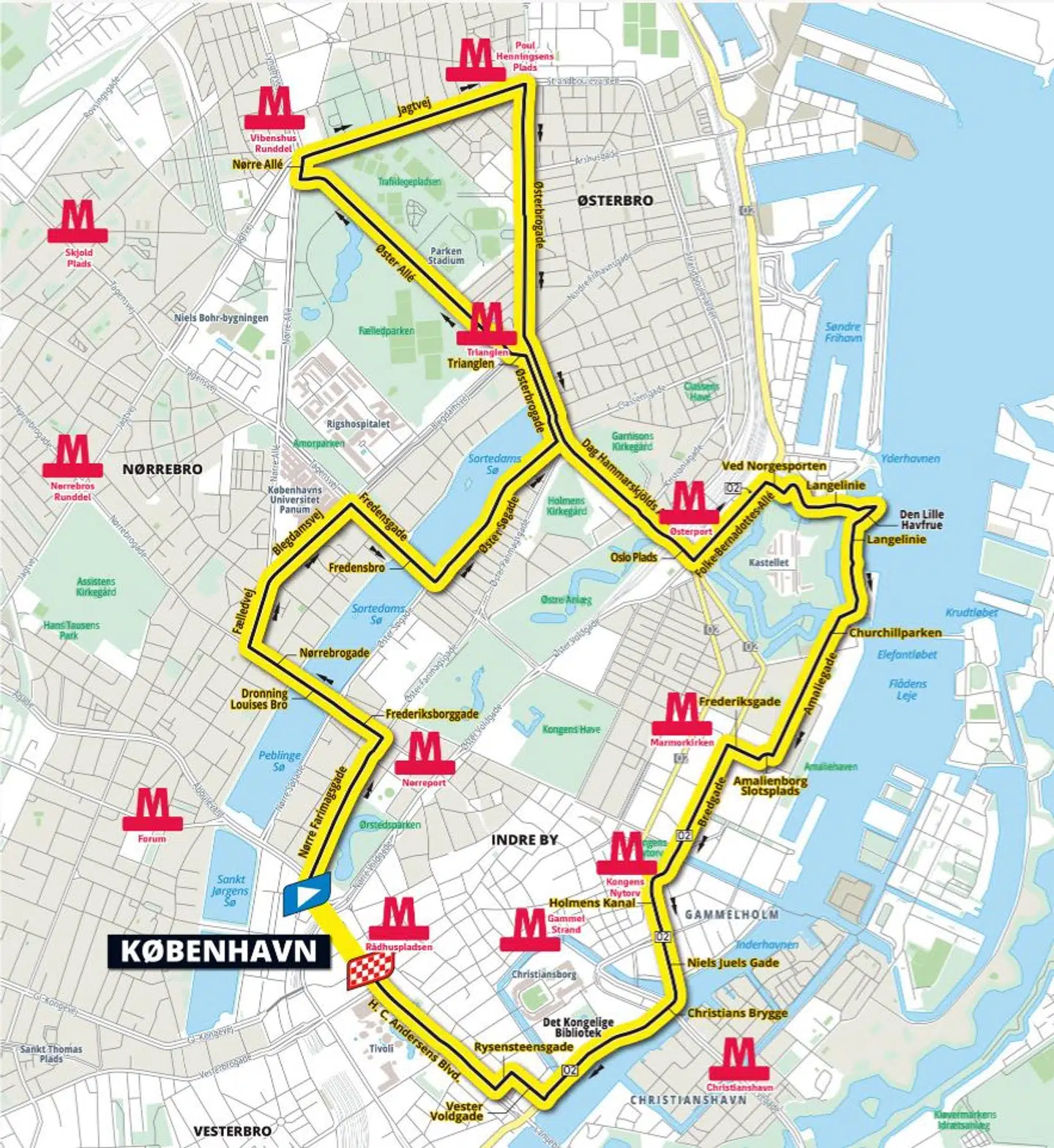Metrostationer langs Tour de France-ruten i København.