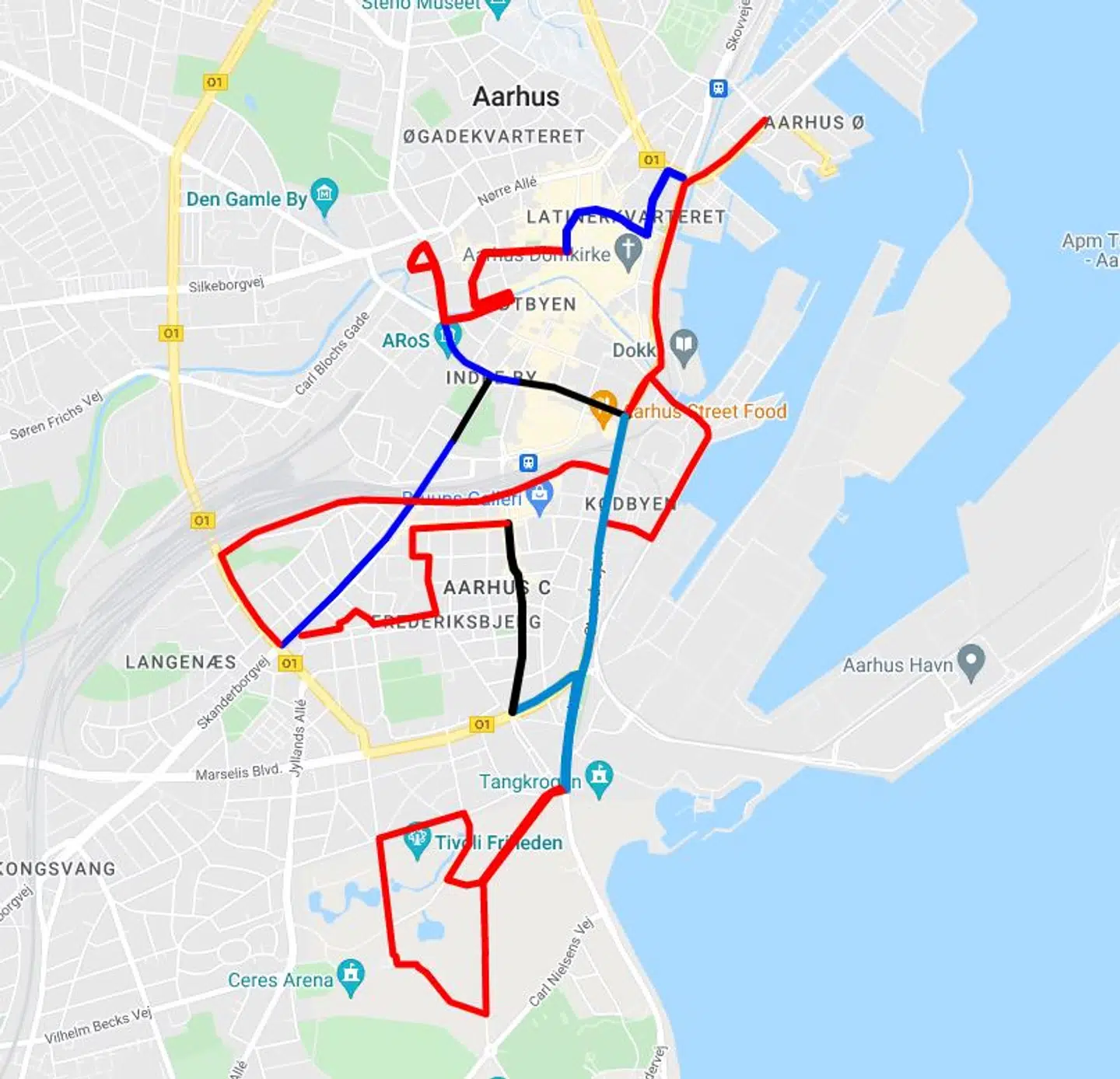 På kortet fremgår ruten, som de 12.000 løbere benytter på søndag. Den er lukket for trafik.