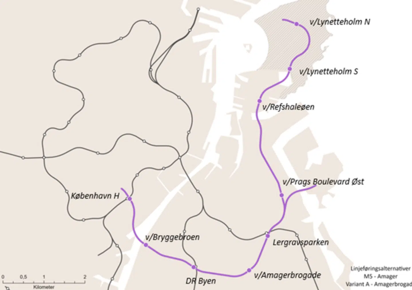 Sådan ser ønsket om en M5 Øst via Amagerbrogade med ni stationer ud. Illustration: Københavns Kommune