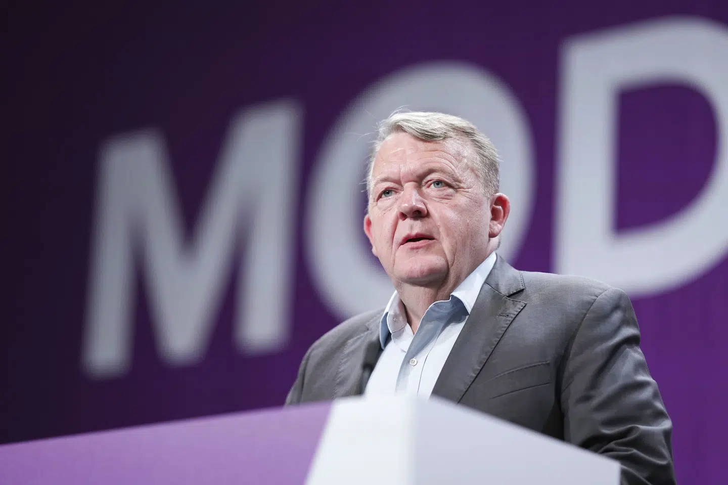 Lars Løkke Rasmussen taler under Moderaternes årsmøde i DGI Huset i Vejle på grundlovsdag. Claus Fisker/Ritzau Scanpix